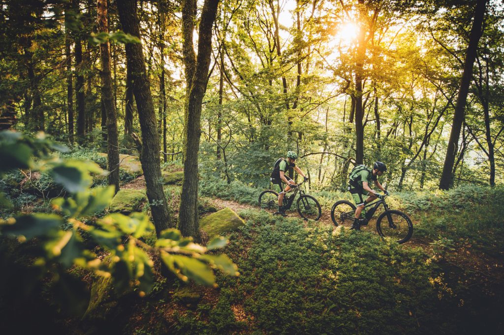 Twee mountainbikers fietsen op elektrische mountainbikes op MTB Route Schoorl